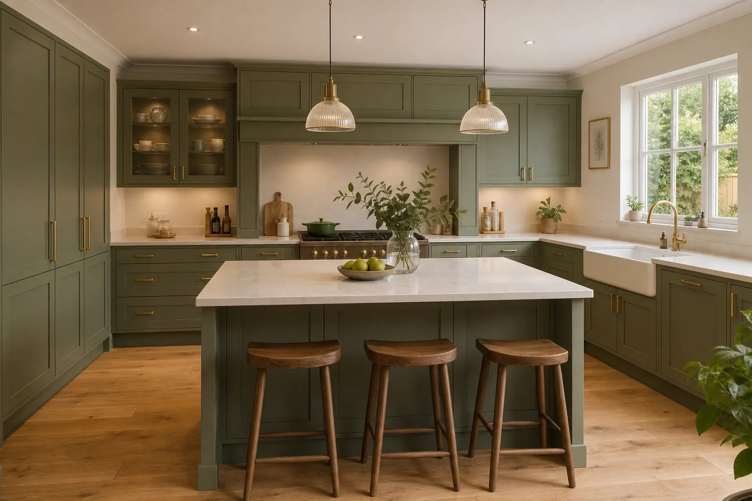 Green kitchen with a central island in a local trade portfolio