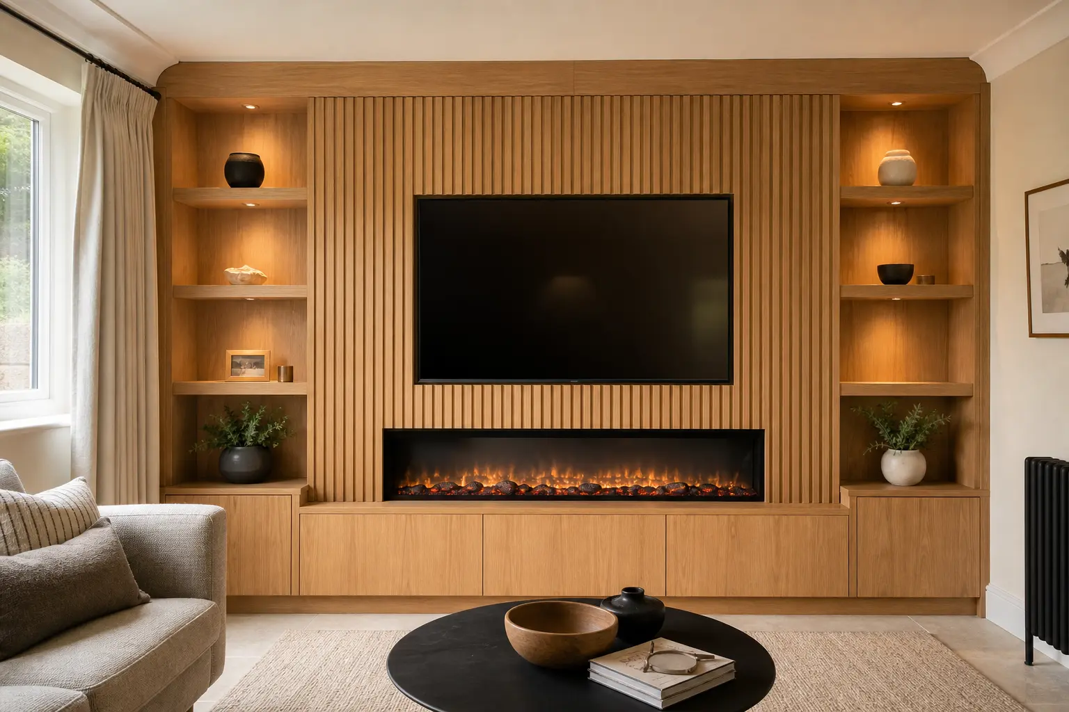 Completed bespoke oak media wall